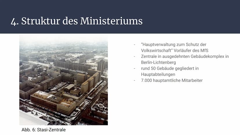 Stasi
Die Staatssicherheit in der DDR
TERIUM FÜR
Abb. 1: Emblem des MfS
STAATSSICHERHEIT Gliederung
1. Allgemeines
2. Vorgeschichte
3. Aufga