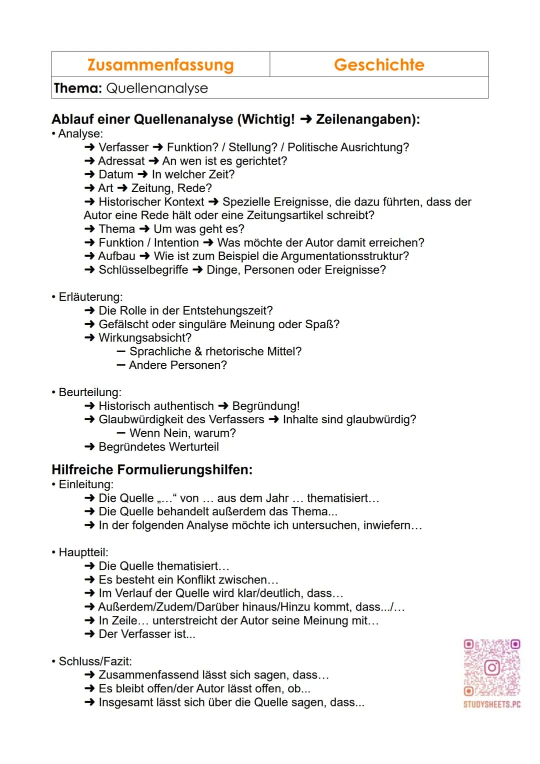 Zusammenfassung
Thema: Quellenanalyse
●
Ablauf einer Quellenanalyse (Wichtig! → Zeilenangaben):
• Analyse:
→ Verfasser → Funktion? / Stellun