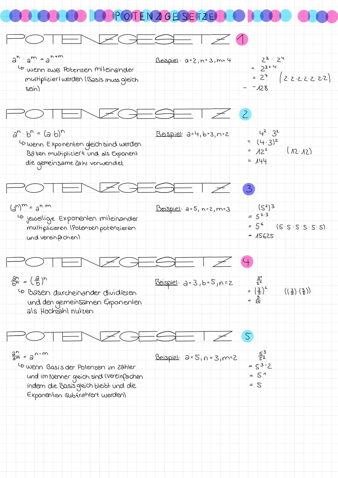 POTENZGESTZ 1
an
LD
n+m
am = a
wenn zwei Potenzen miteinander
multipliziert werden (Basis muss gleich
sein)
an bn = (2.b)
POTENZGESETZE
POT
