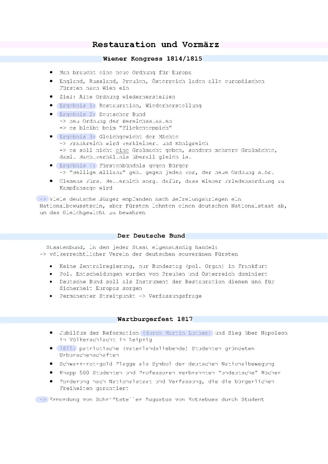 Restauration und Vormärz: Überblick der Ereignisse