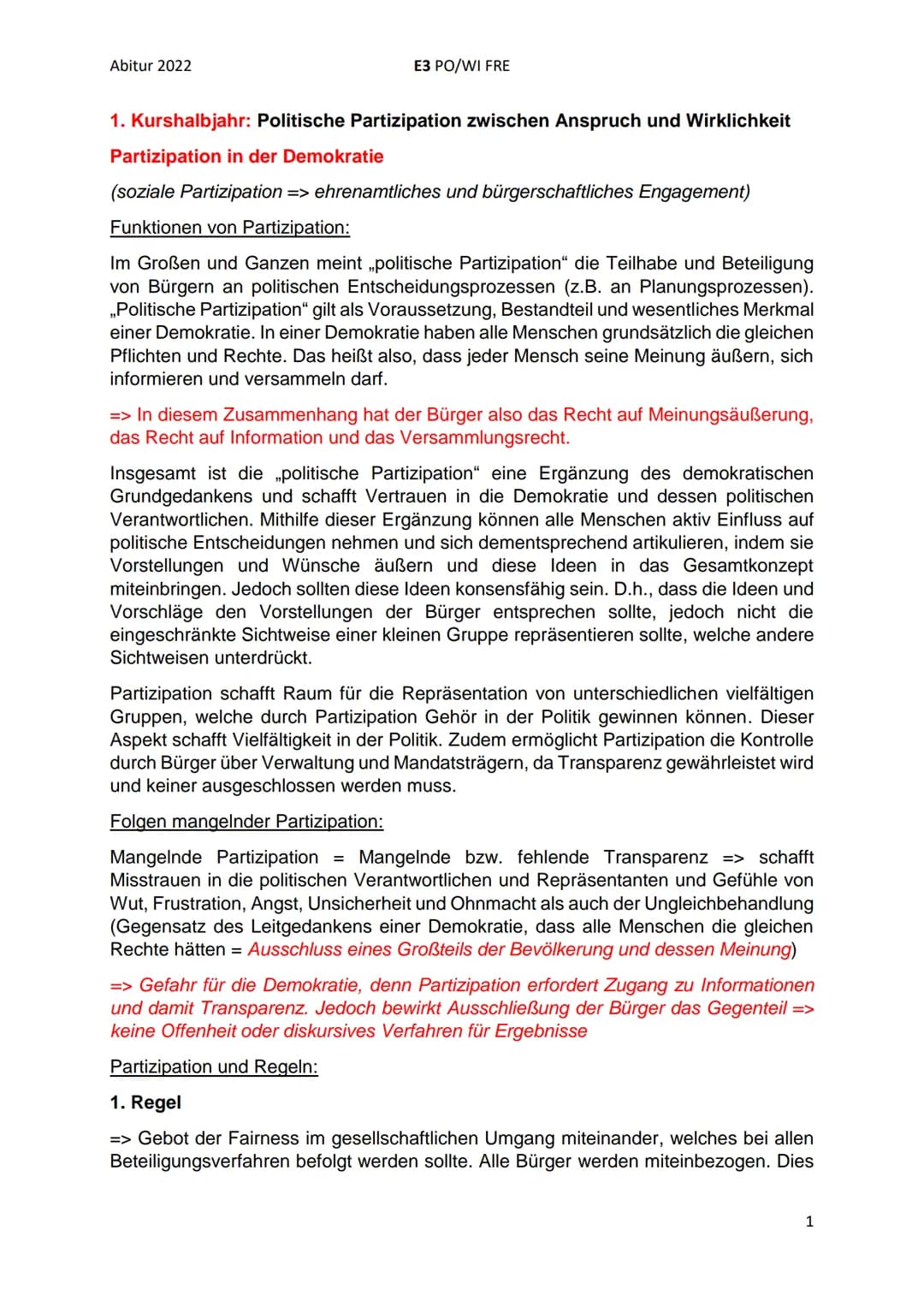 Abitur 2022
E3 PO/WI FRE
1. Kurshalbjahr: Politische Partizipation zwischen Anspruch und Wirklichkeit
Partizipation in der Demokratie
(sozia