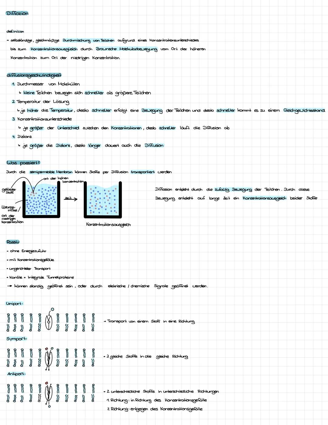 Diffozion
definition
- selbständige, gleichmäßige Durchmischung von Teilchen aufgrund eines Konzentrationsunterschiedles
bis zum Konzentrati