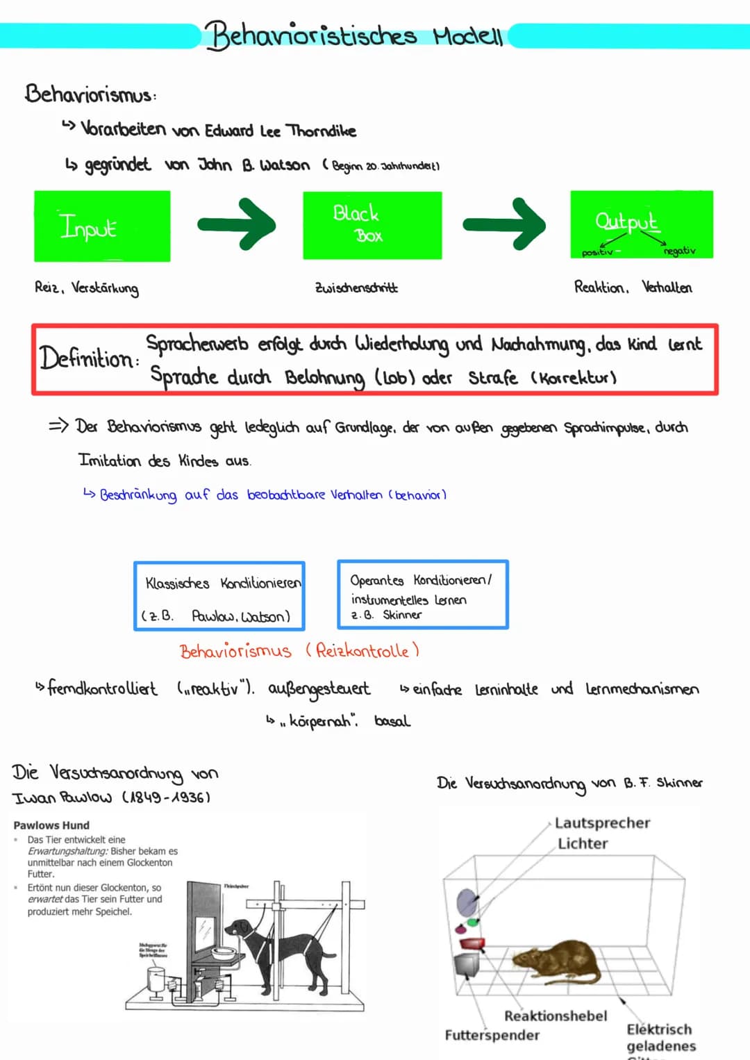 Behaviorismus:
"Vorarbeiten von Edward Lee Thorndike
↳ gegründet von John B. Watson (Beginn 20. Jahrhundert)
Input
Reiz, Verstärkung
Definit