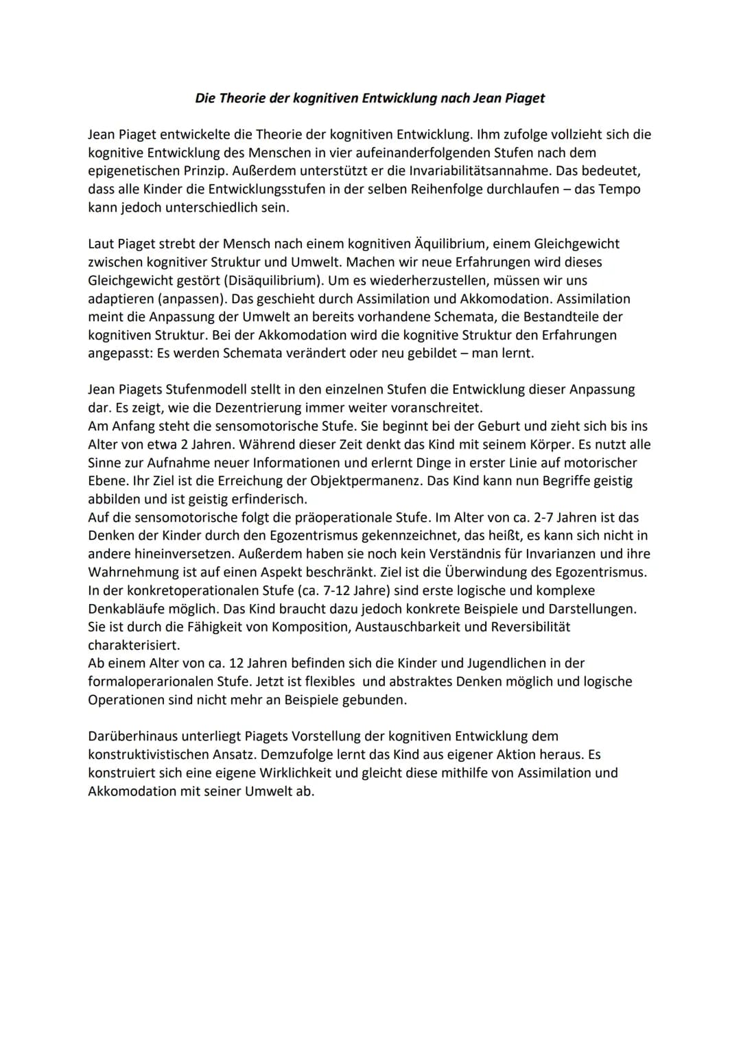 Die kognitive Entwicklung
nach Jean Piaget
Grundbegriffe
Lösung durch
Erfahrungen mit der Umwelt
wenn Disäquilibrium.
Adaption
= Anpassung
d