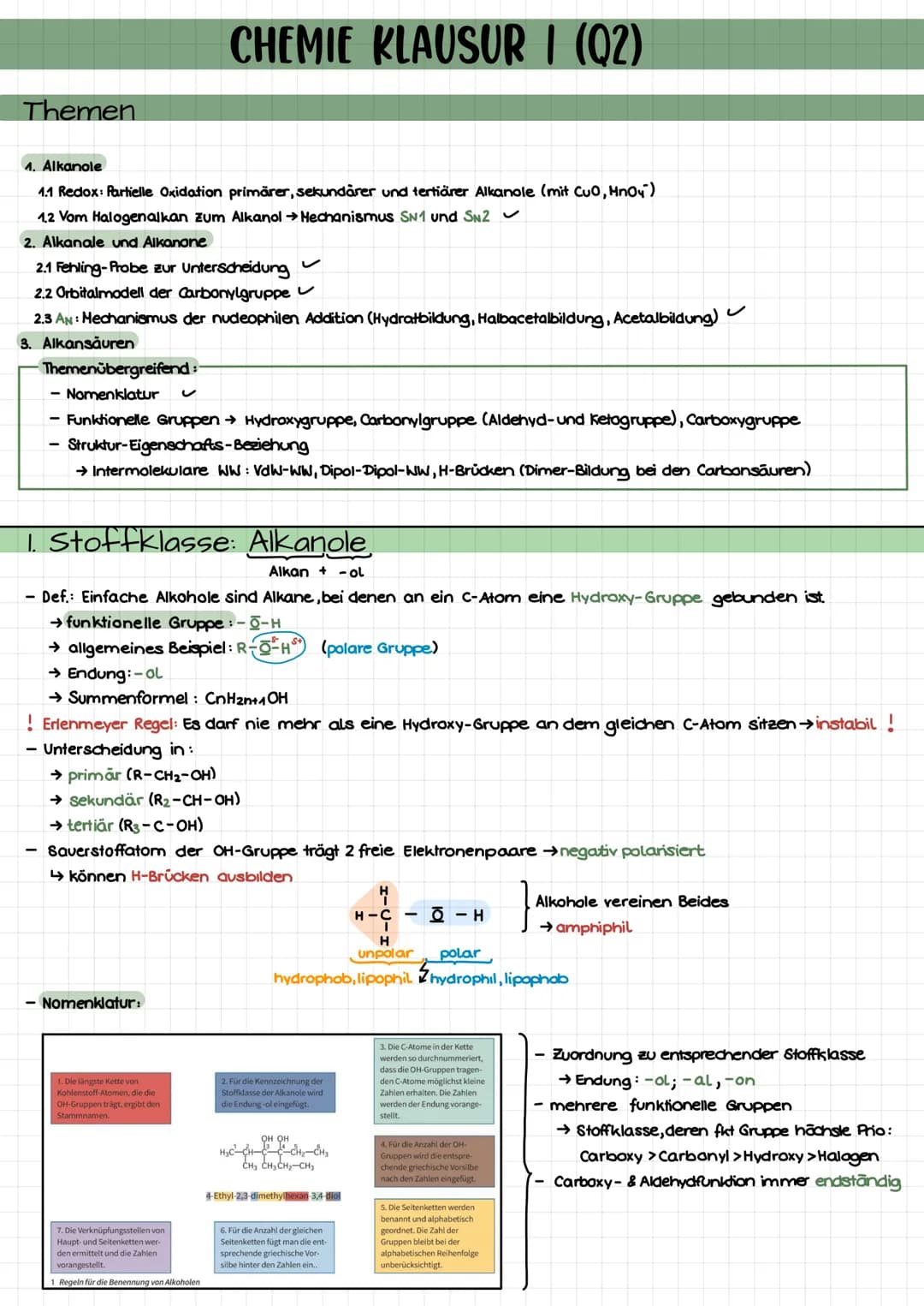 Themen
4. Alkanole
1.1 Redox: Partielle Oxidation primärer, sekundärer und tertiärer Alkanole (mit CuO, MnOy)
1.2 Vom Halogenalkan zum Alkan