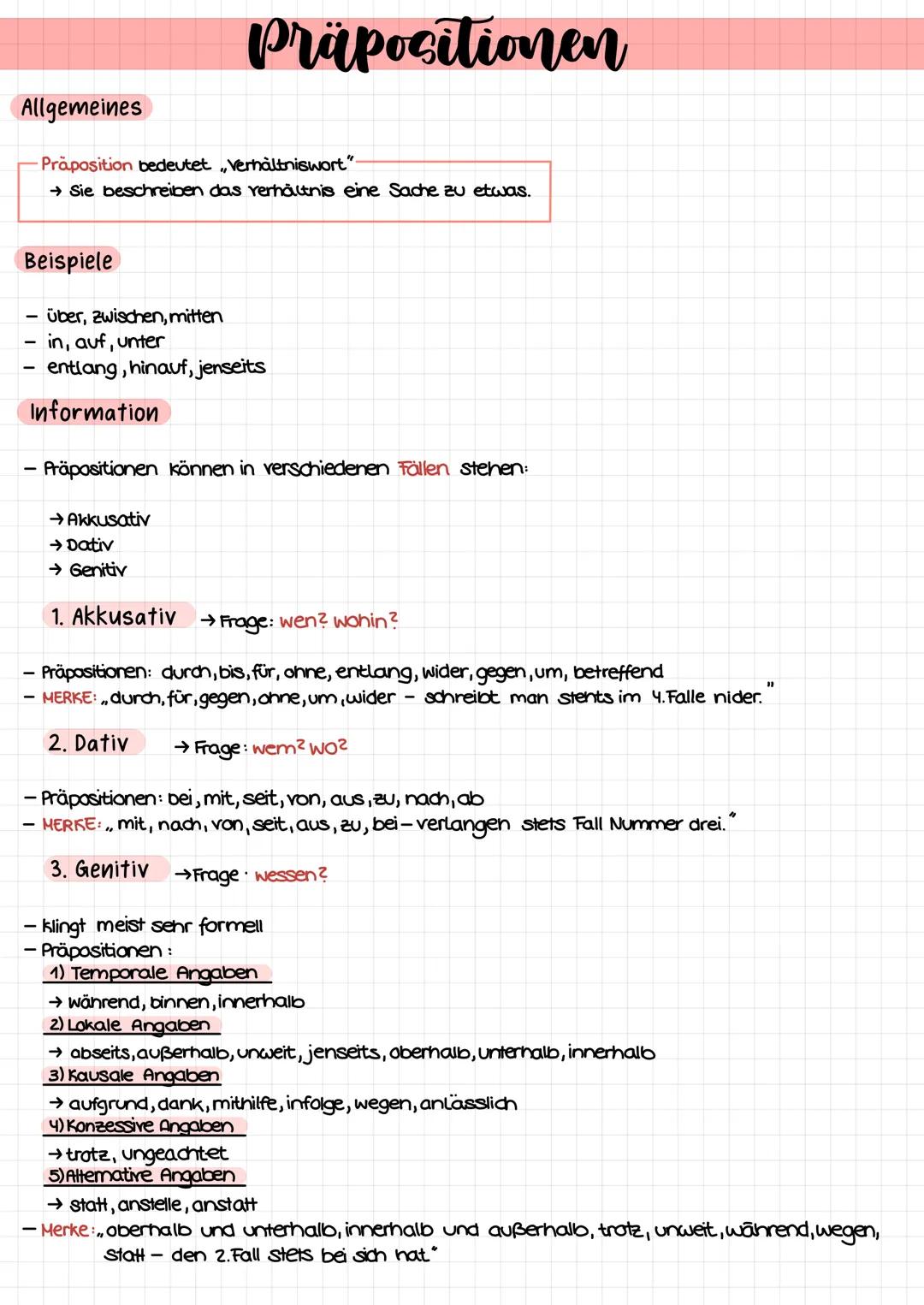 Allgemeines
-Präposition bedeutet, Verhältniswort".
→ Sie beschreiben das verhältnis eine Sache zu etwas.
Beispiele
über, zwischen, mitten
i