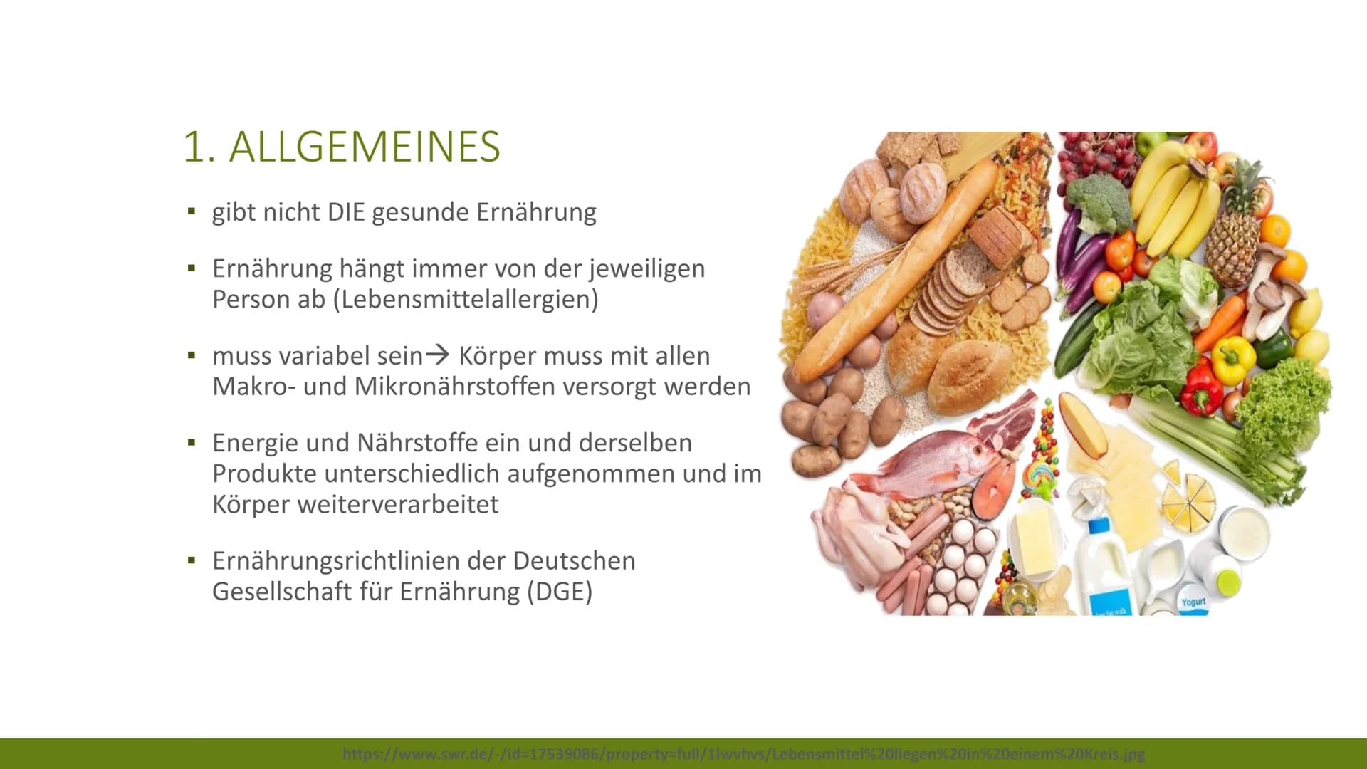 
<h2 id="allgemeines">Allgemeines</h2>
<p>Es gibt nicht DIE gesunde Ernährung. Die Ernährung hängt immer von der jeweiligen Person ab, wie z