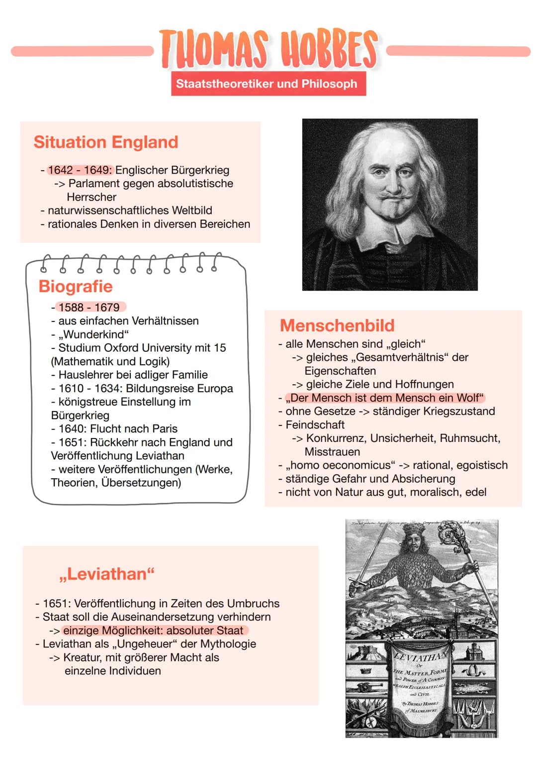 THOMAS HOBBES
STAATSTHEORETIKER UND PHILOSOPH Situation in England:
Gesellschaftlich und Politisch:
1639-1651: << Kriege der drei Königreich