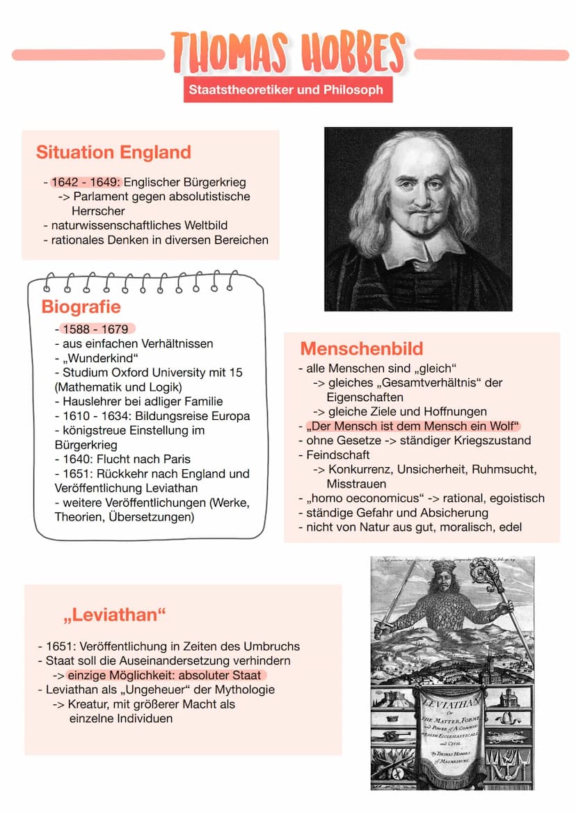 THOMAS HOBBES
STAATSTHEORETIKER UND PHILOSOPH Situation in England:
Gesellschaftlich und Politisch:
1639-1651: << Kriege der drei Königreich