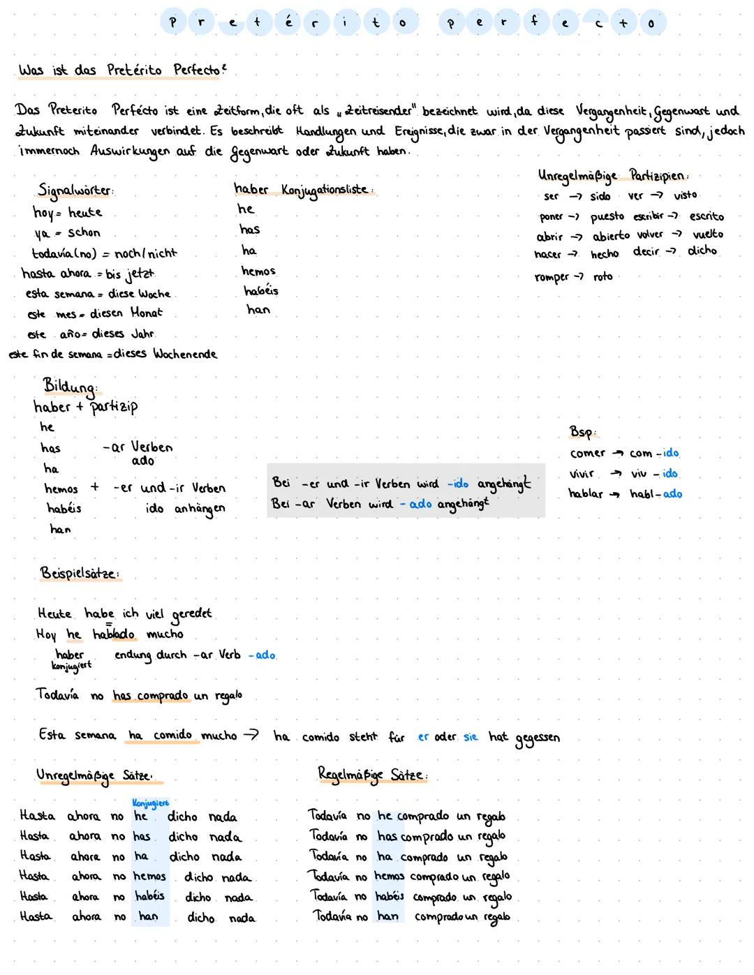 Was ist das Pretérito Perfecto?
Signalwörter:
hoy- heute
ya schon
todavía (no) = noch/nicht
hasta ahora bis jetzt.
esta semana = diese Woche