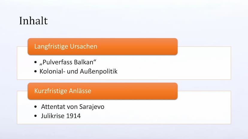 Die Ursachen des ersten
Weltkrieges
Was war der Auslöser des Krieges? Inhalt
Langfristige Ursachen
• ,,Pulverfass Balkan"
Kolonial- und Auße