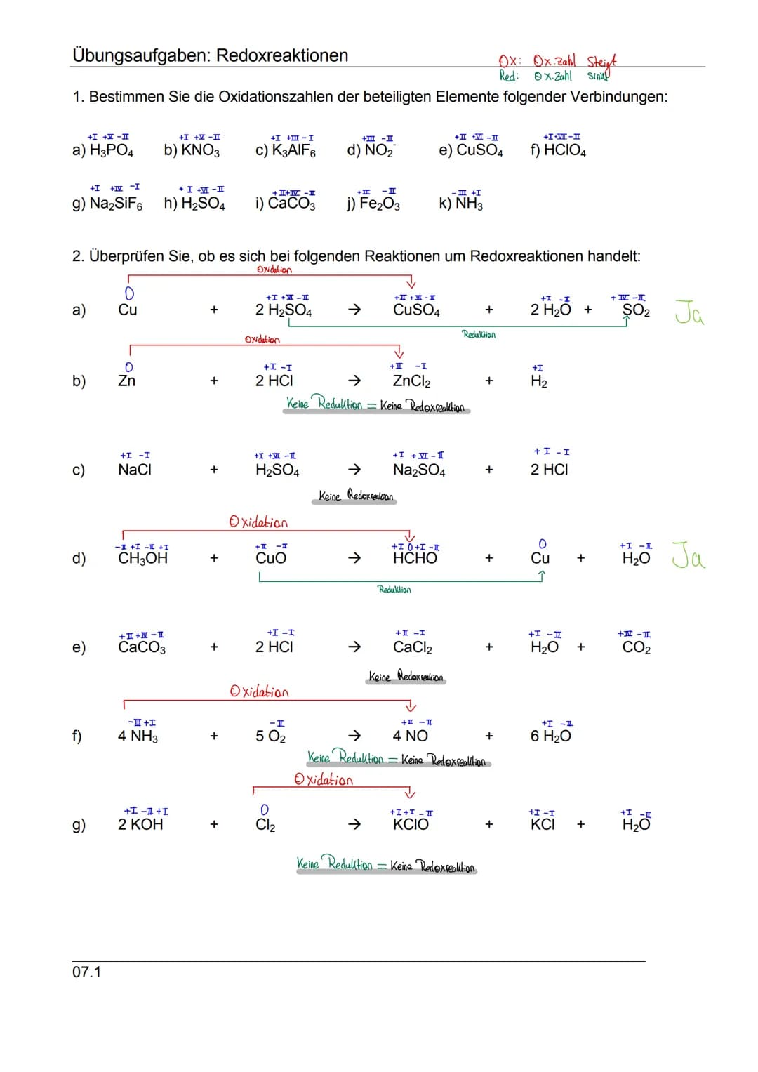 Übungsaufgaben: Redoxreaktionen
OX: Ox. Zahl Steigt
Red:
Ox. Zahl Sinu
1. Bestimmen Sie die Oxidationszahlen der beteiligten Elemente folgen