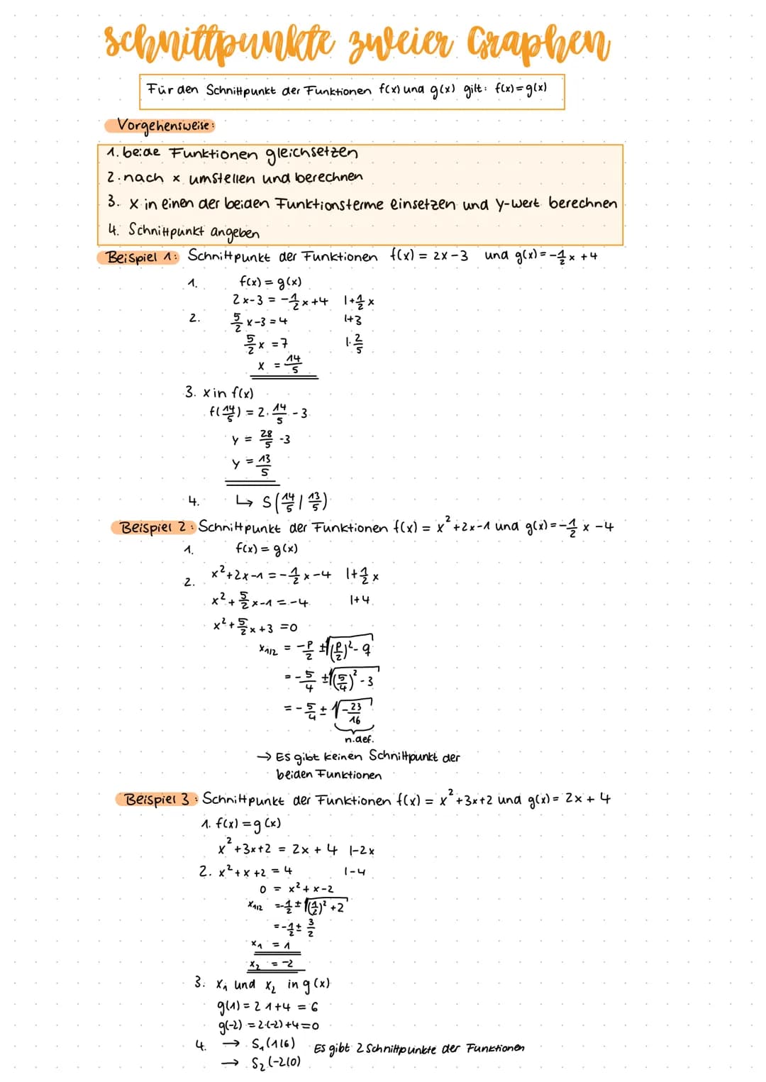 schnittpunkte zweier Graphen
Für den Schnittpunkt der Funktionen f(x) und g(x) gilt: f(x) = g(x)
Vorgehensweise:
1. beide Funktionen gleichs