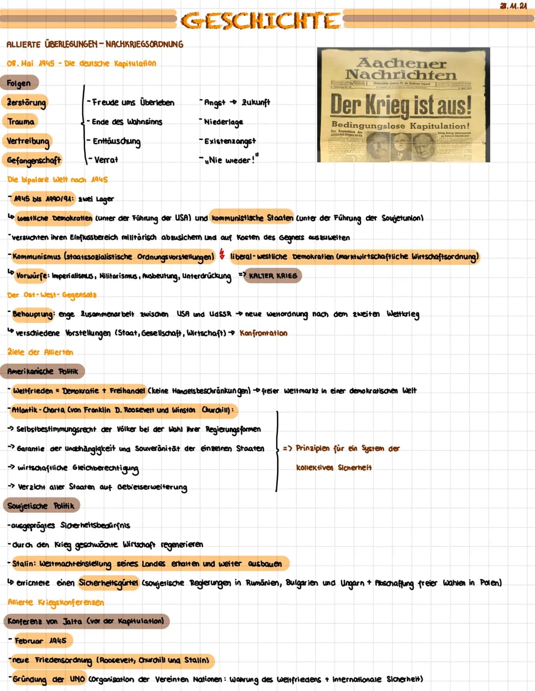 ALLIERTE ÜBERLEGUNGEN-NACHKRIEGSORDNUNG
08. Mai 1945- Die deutsche Kapitulation
Folgen
Zerstörung
Trauma
-Freude ums Überleben
-Ende des Wah