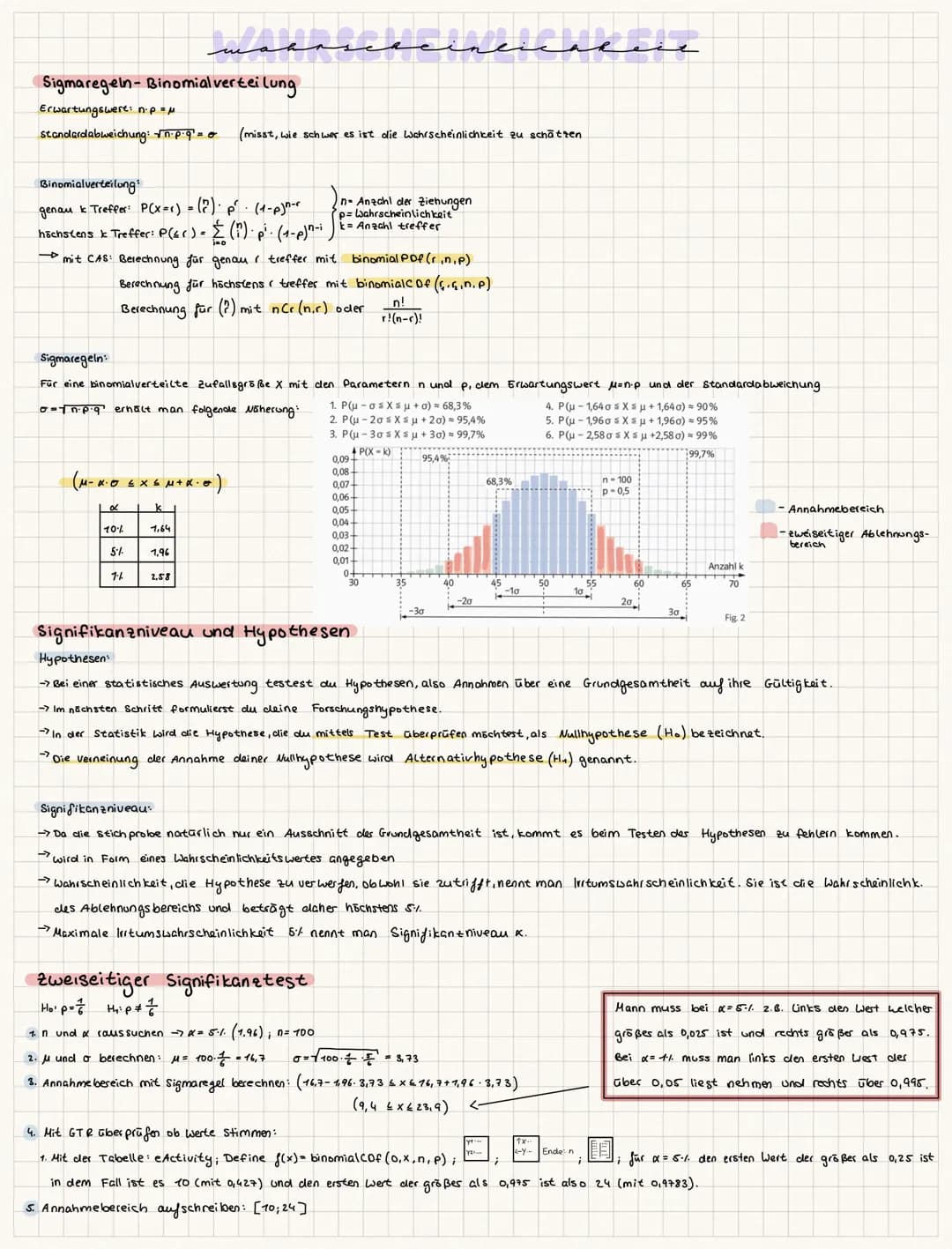 Sigmaregeln-Binomial verteilung
Erwartungswert: n.p = μ
standardabweichung: √n・p・q² = 0 (misst, wie schwer es ist die Wahrscheinlichkeit zu 