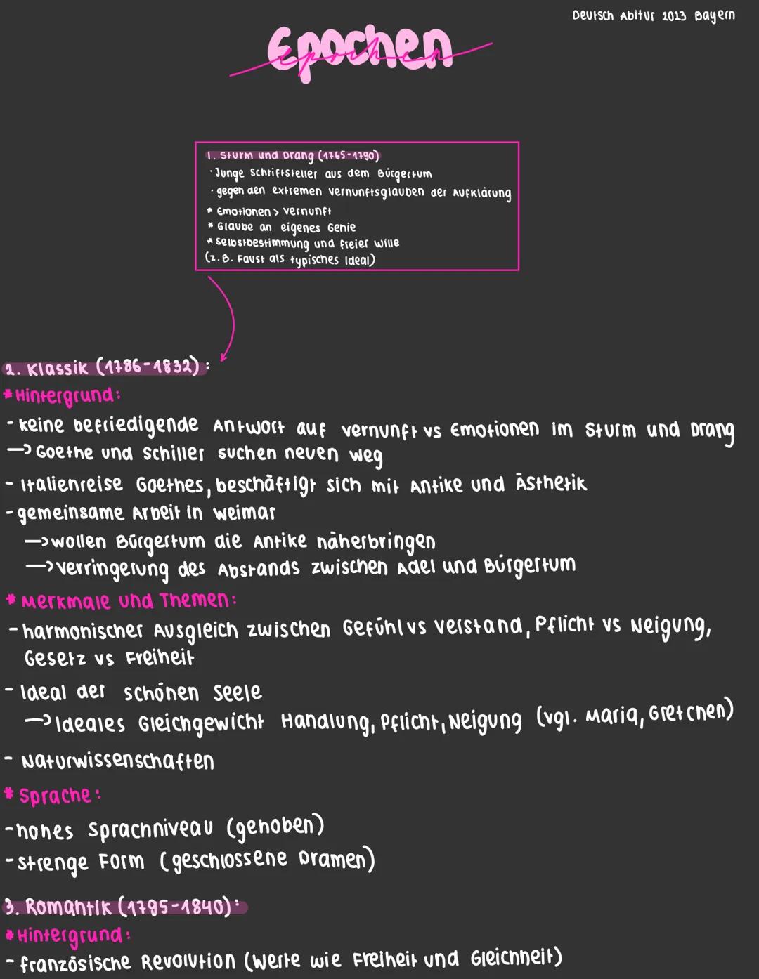 # Epochen
Deutsch Abitur 2023 Bayern

1. Sturm und Drang (1165-1790)

- Junge Schriftsteller aus dem Bürgertum
- gegen den extremen vernunft