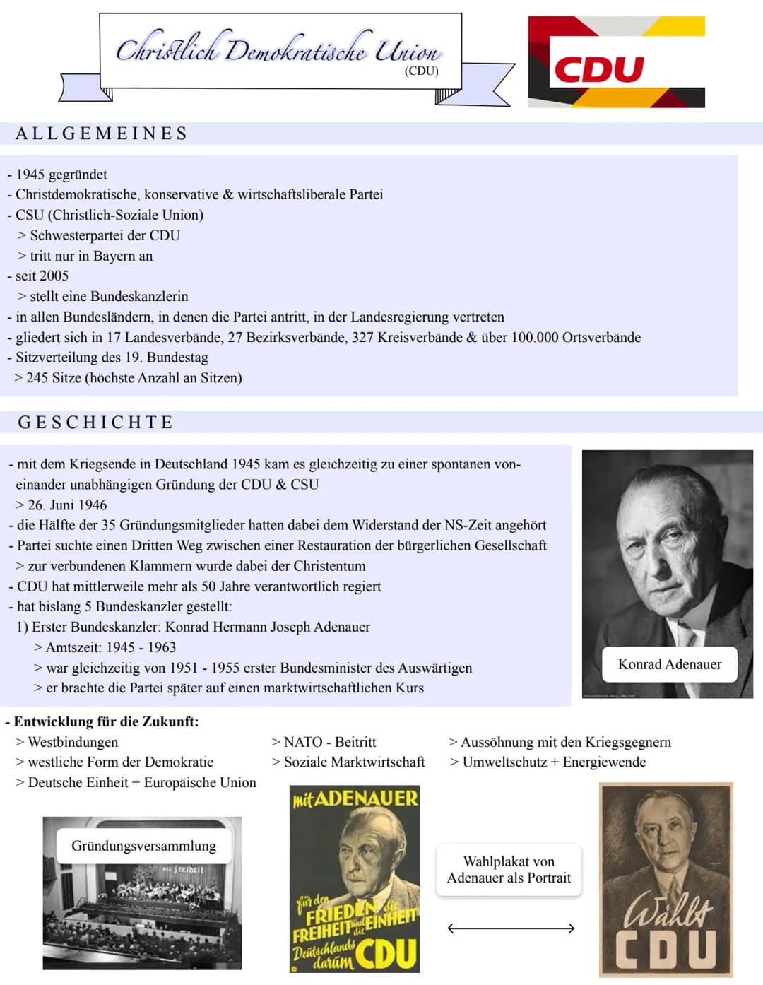 Christlich Demokratische Union
(CDU)
ALLGEMEINES
- 1945 gegründet
- Christdemokratische, konservative & wirtschaftsliberale Partei
- CSU (Ch