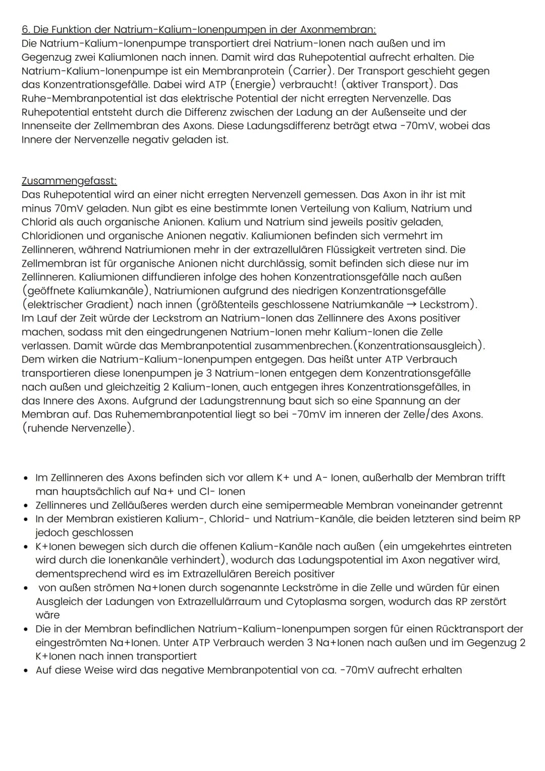 Das Ruhepotential
1. Zwei treibende Kräfte des Ruhepotentials
-Chemischer Gradient d.h. das Konzentrationsgefälle
-Elektrischer Gradient/Spa