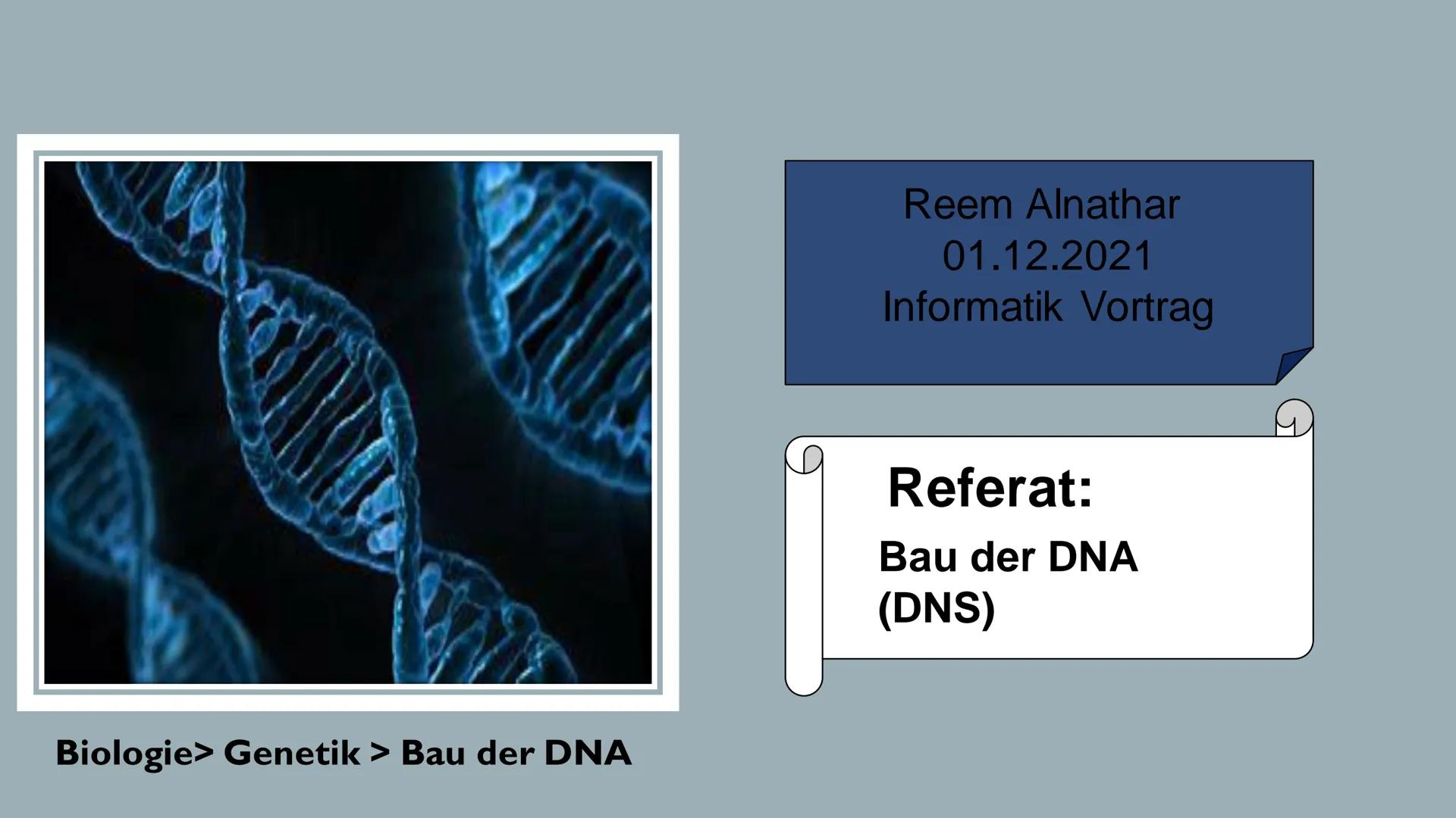 Biologie> Genetik > Bau der DNA
Reem Alnathar
01.12.2021
Informatik Vortrag
Referat:
Bau der DNA
(DNS) ●
• Definition
●
●
Gliederung
Struktu