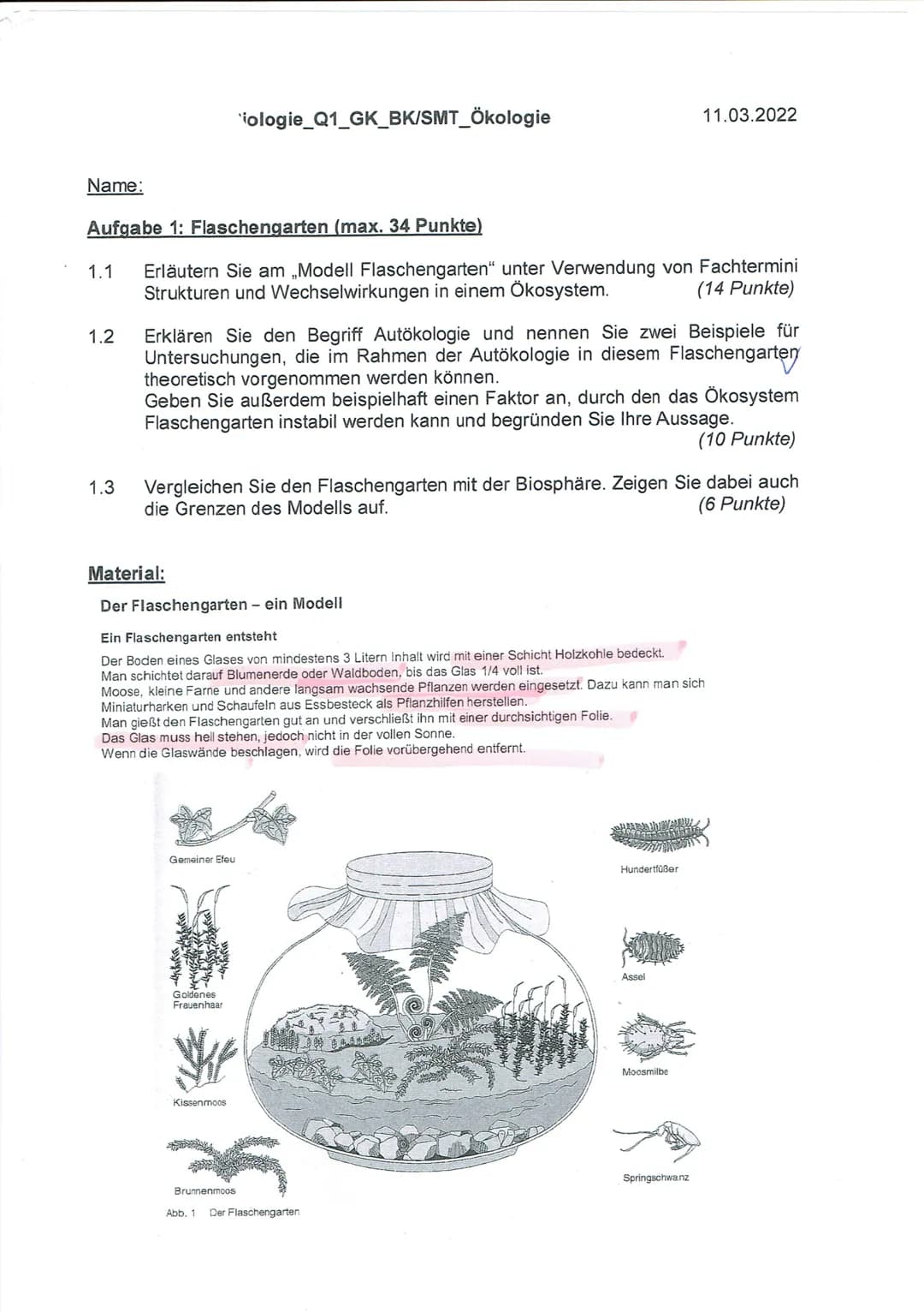 1.2
Name:
Aufgabe 1: Flaschengarten (max. 34 Punkte)
1.1 Erläutern Sie am „Modell Flaschengarten" unter Verwendung von Fachtermini
Strukture