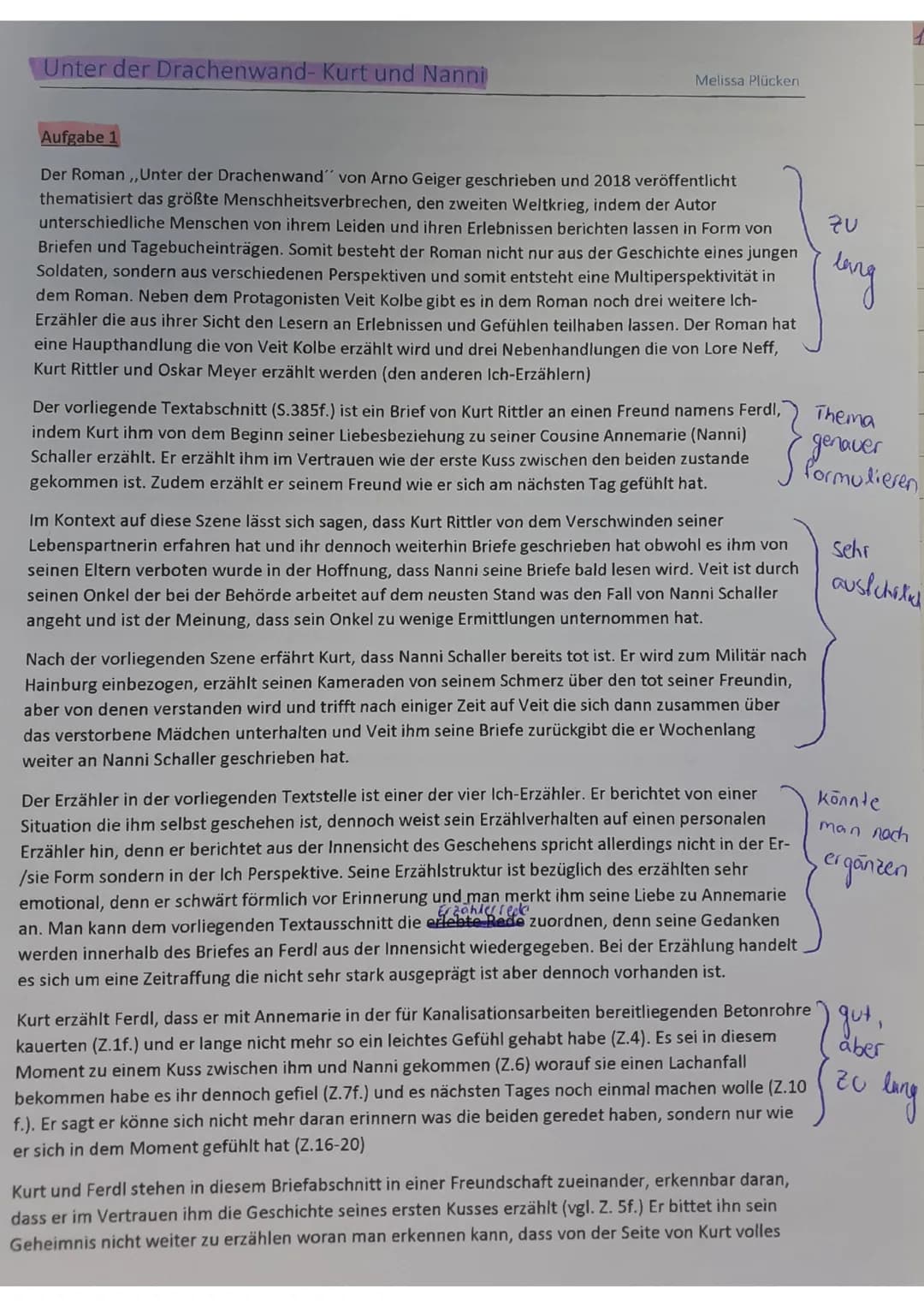 Unter der Drachenwand- Kurt und Nanni
Melissa Plücken
Aufgabe 1
Der Roman ,,Unter der Drachenwand" von Arno Geiger geschrieben und 2018 verö