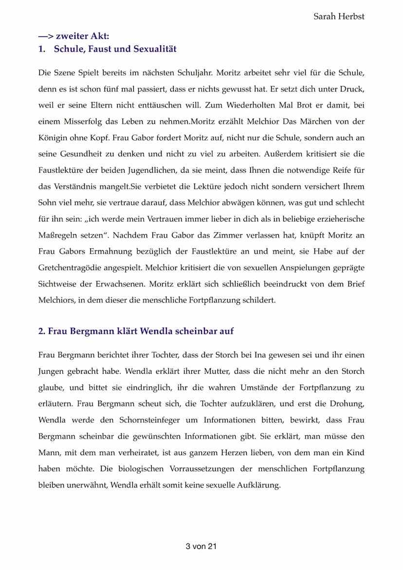Frühlingserwachen
-> Erster Akt:
1. Gespräch Frau Bergmann- Wendla
Sarah Herbst
Frau Bergmann ist der Meinung, dass Wendla aufgrund ihrer kö
