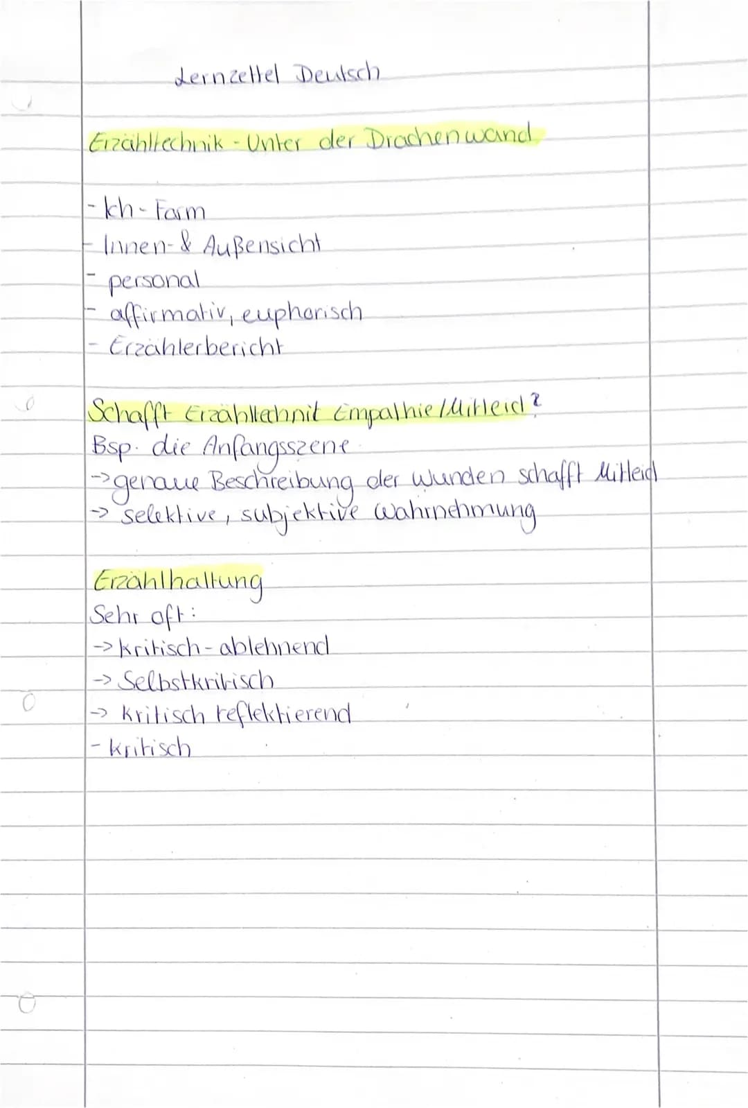 0
Lernzettel Deutsch.
Erzähltechnik - Unter der Drachen wand.
-kh-Form.
Innen- & Außensicht
- personal
affirmativ, euphorisch.
Erzählerberic