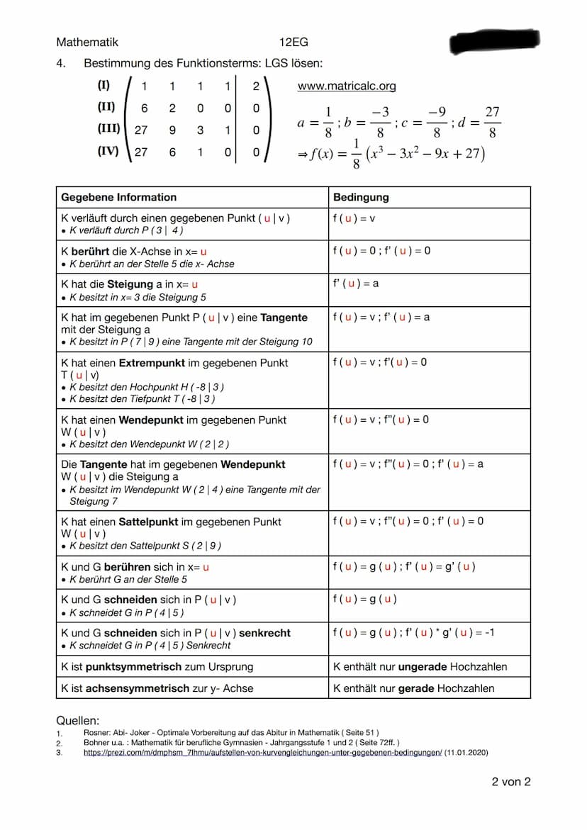 Mathematik
Definition: Ermitteln einer Funktion aus gegebenen Bedingungen.
●
Schritte um eine Kurvengleichung aufzustellen:
Ermitteln der ge