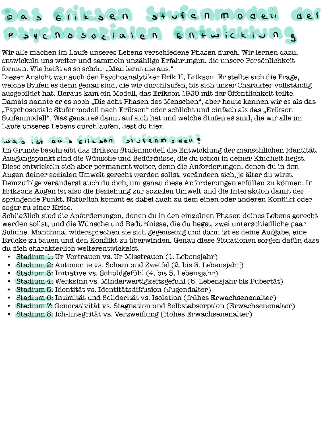 Eriksons 8 Stufenmodell kurz erklärt - mit Tabelle und Beispielen