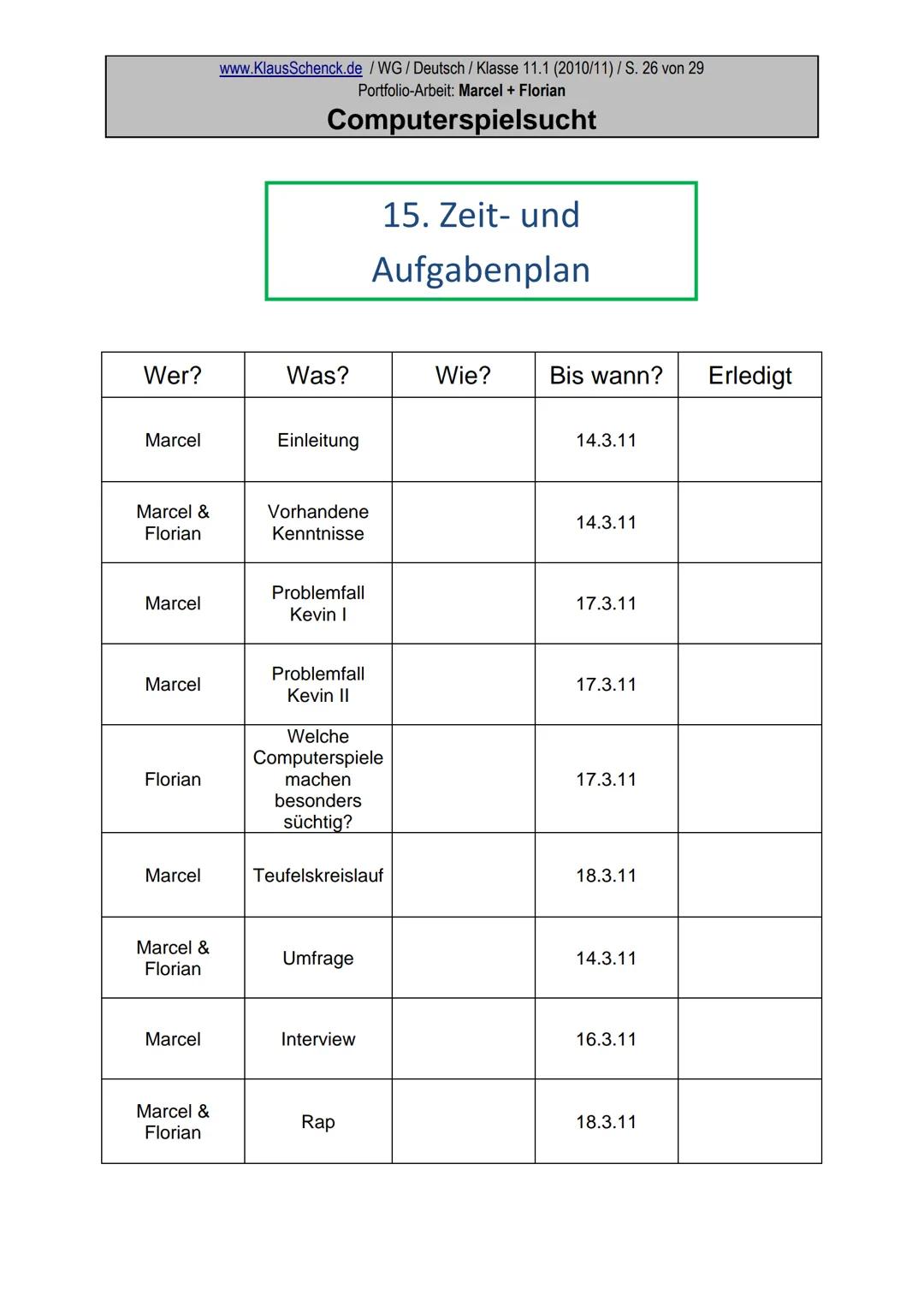 Portfolio
zum Thema
Computerspielsucht
Marcel und Florian
Wirtschaftsgymnasium der Kaufmännischen
Schule
Fach: Deutsch
Lehrer: OSR. Klaus Sc