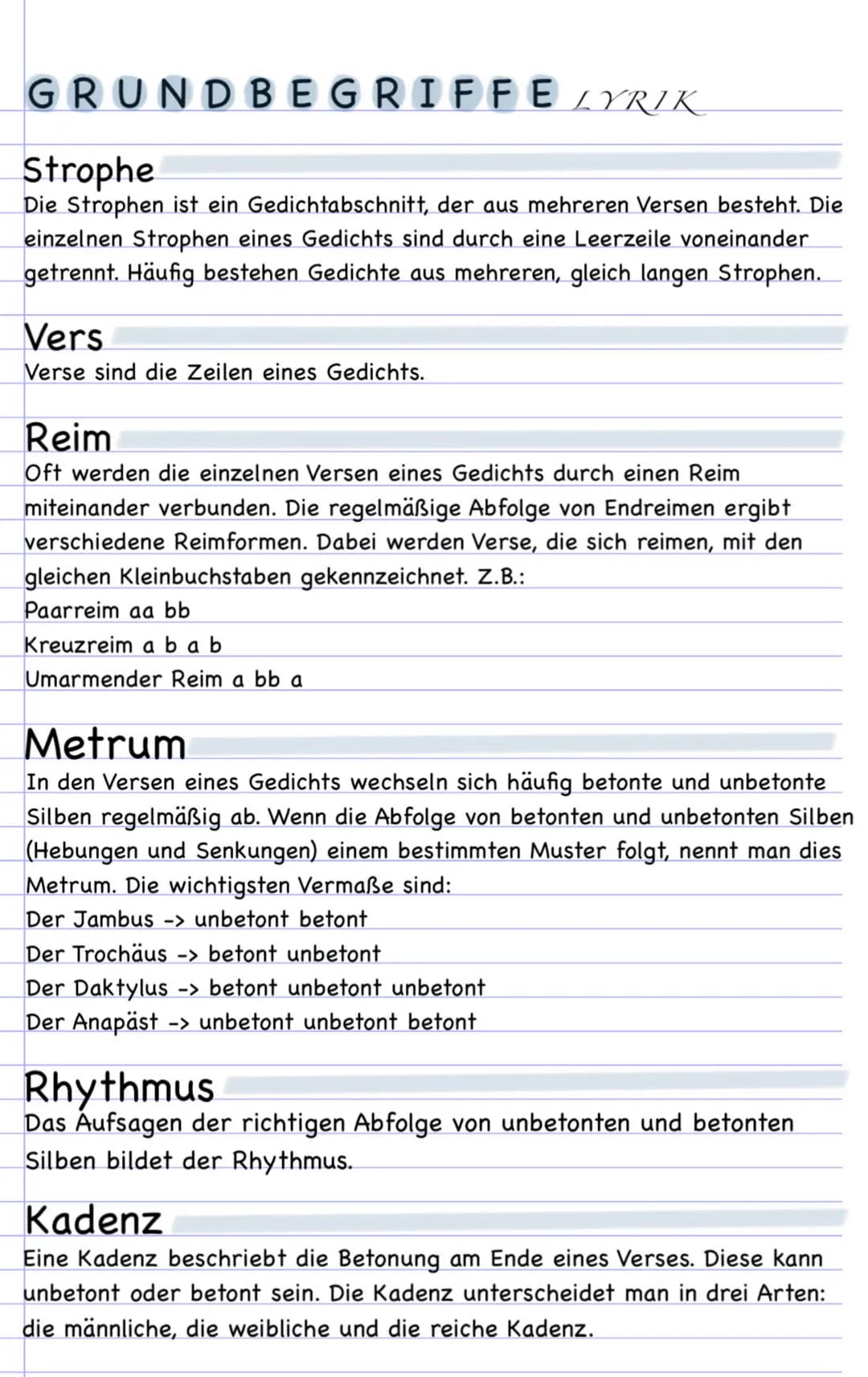 GRUNDBEGRIFFE LYRIK
Das Lyrische Ich
-Sprecher im Gedicht
-stellt sich oft als ein ,,ich" vor
-teilt seine Gefühle, Beobachtungen und Gedank