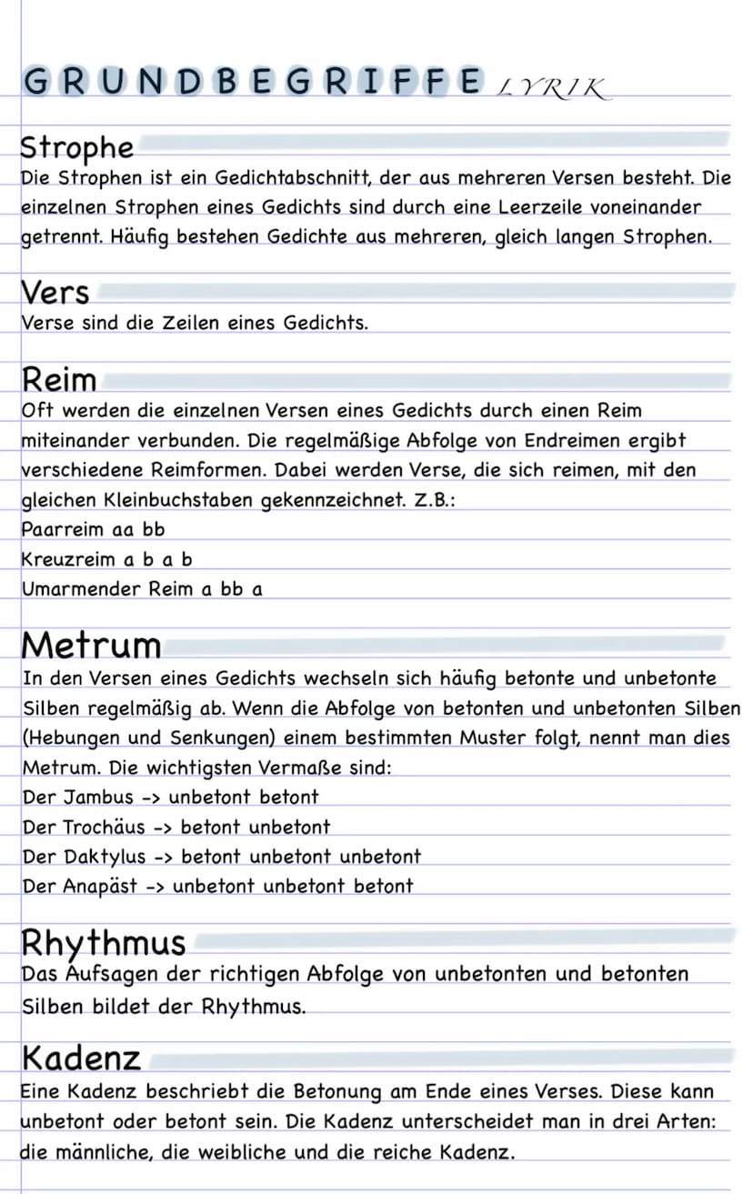 GRUNDBEGRIFFE LYRIK
Das Lyrische Ich
-Sprecher im Gedicht
-stellt sich oft als ein ,,ich" vor
-teilt seine Gefühle, Beobachtungen und Gedank