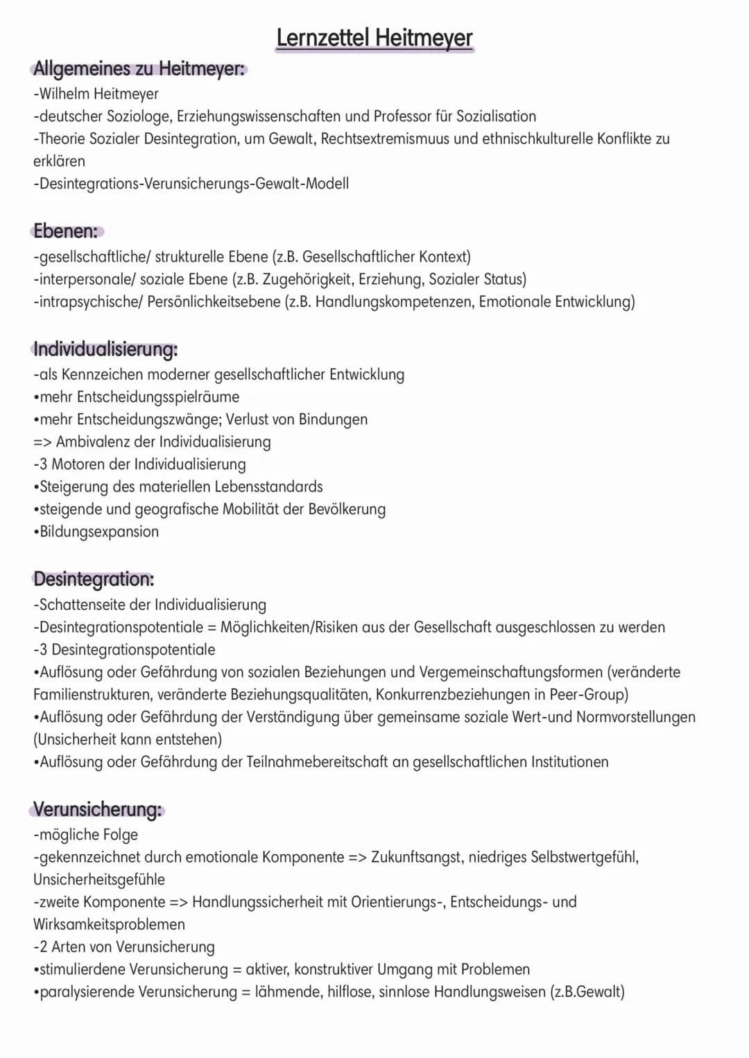 Lernzettel Heitmeyer
Allgemeines zu Heitmeyer:
-Wilhelm Heitmeyer
-deutscher Soziologe, Erziehungswissenschaften und Professor für Sozialisa