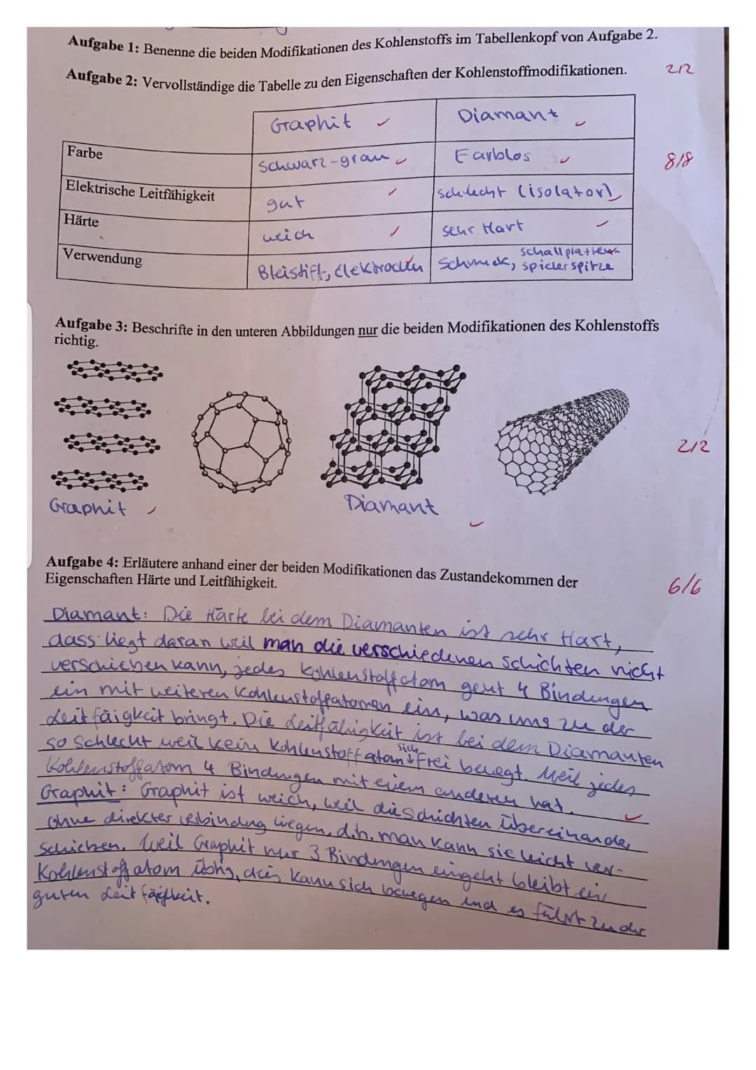 Aufgabe 1: Benenne die beiden Modifikationen des Kohlenstoffs im Tabellenkopf von Aufgabe 2.
Aufgabe 2: Vervollständige die Tabelle zu den E