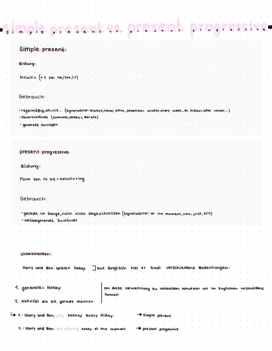simple prese
Simple present:
Bildung:
Infinitiv (+s s bei he/she/it)
Gebrauch:
-regelmäßig, oft, nie... (signalwörter: always, never, often,