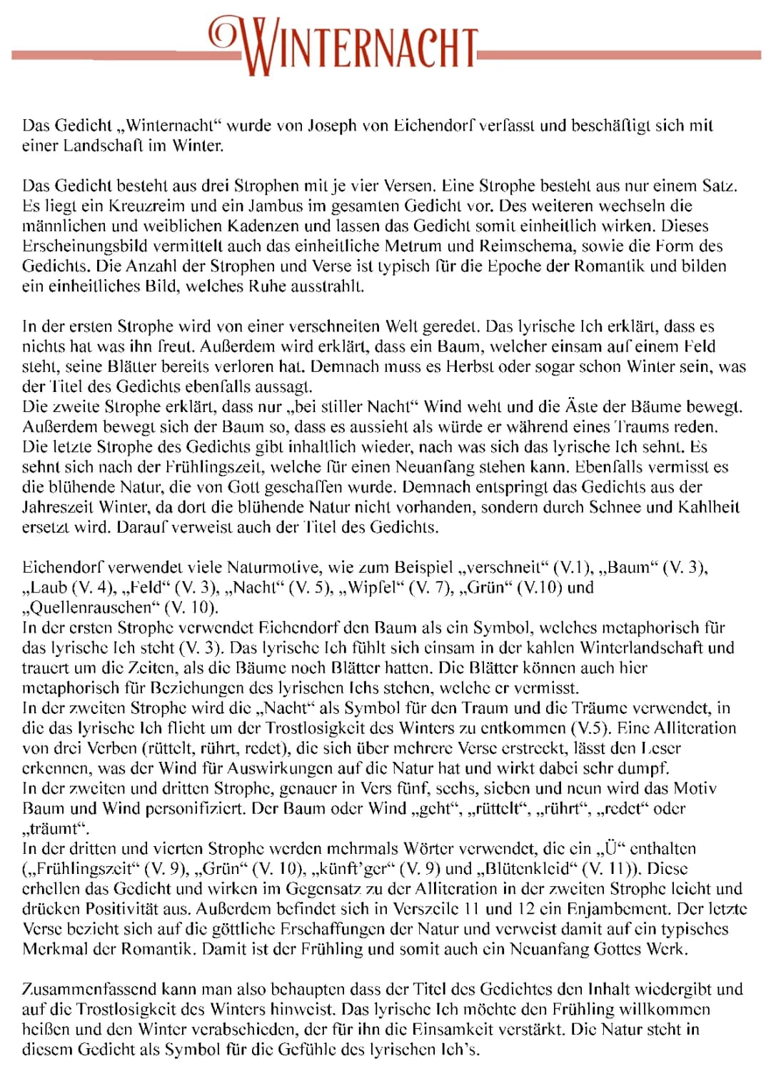 Gedicht Winternacht von Joseph von Eichendorff: Metrum, Epoche und Personifikation