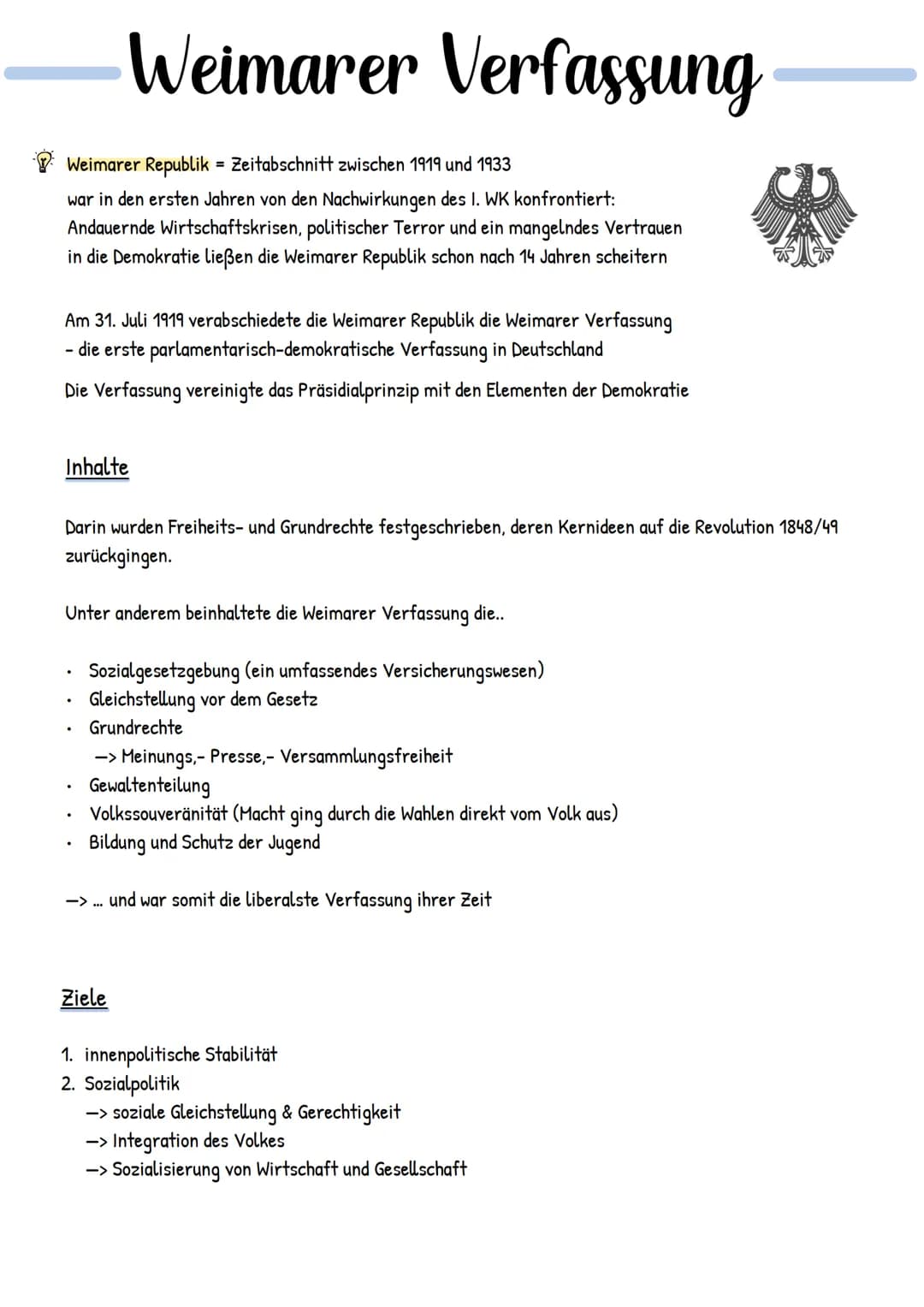 Weimarer Republik = Zeitabschnitt zwischen 1919 und 1933
war in den ersten Jahren von den Nachwirkungen des I. WK konfrontiert:
Andauernde W