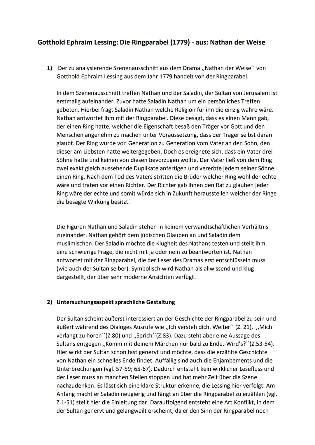 Gotthold Ephraim Lessing: Die Ringparabel (1779) - aus: Nathan der Weise
1) Der zu analysierende Szenenausschnitt aus dem Drama ,,Nathan der