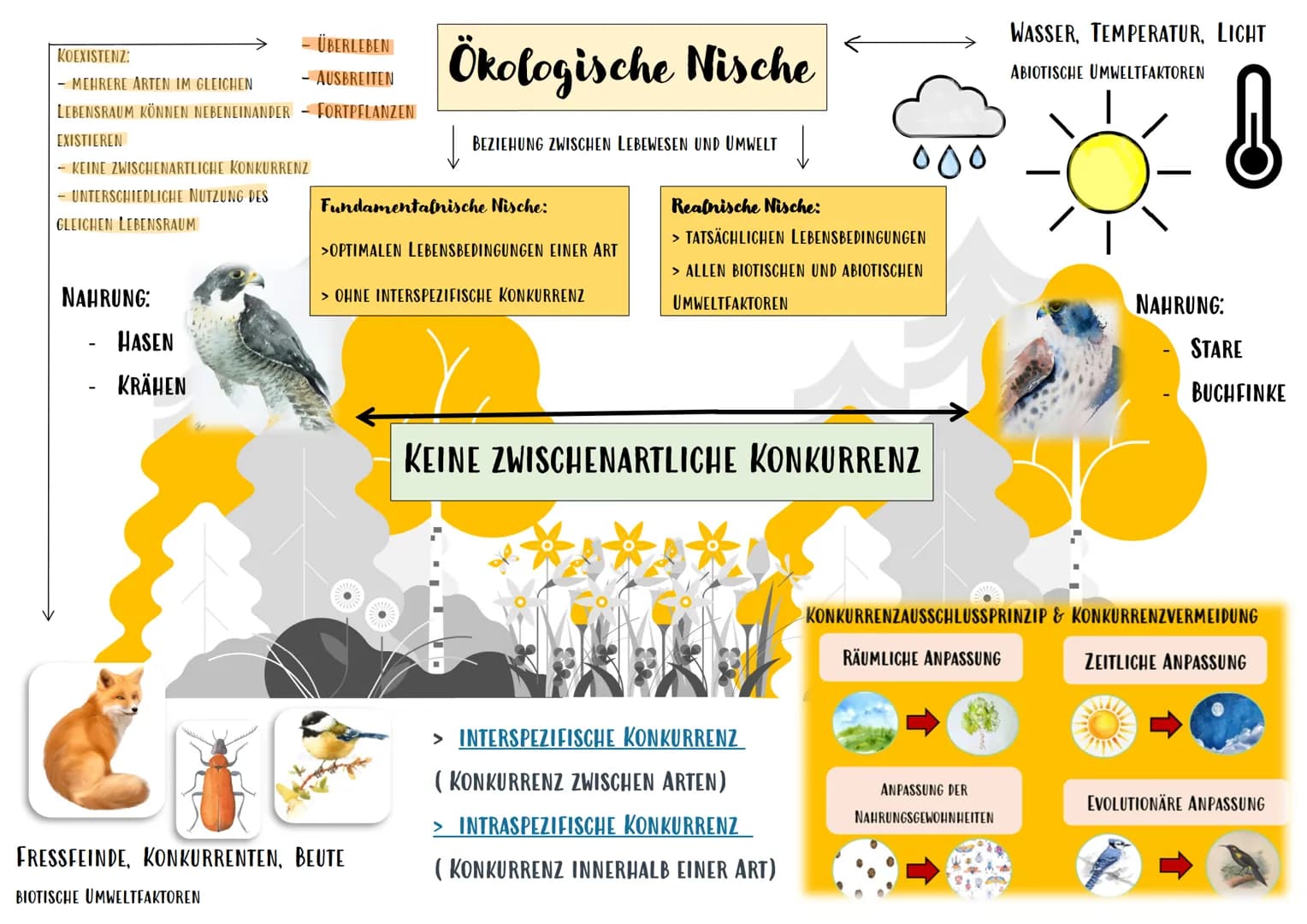 1./3. Ökologische Nische
Begriff
ÖKOLOGISCHE NISCHE
FUNDAMENTALNISCHE NISCHE
REALNISCHE NISCHE
PLANSTELLE
KOEXISTENZ
KONKURRENZAUSSCHLUSSPRI