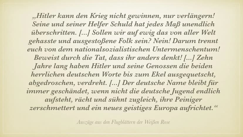 DIE WEISSE ROSE INHALT
ALLGEMEINE INFORMATIONEN
GRÜNDUNG
MITGLIEDER
AKTIONEN
INHALTE DER FLUGBLÄTTER
AUSZÜGE DER FLUGBLÄTTER
VERHAFTUNG UND 