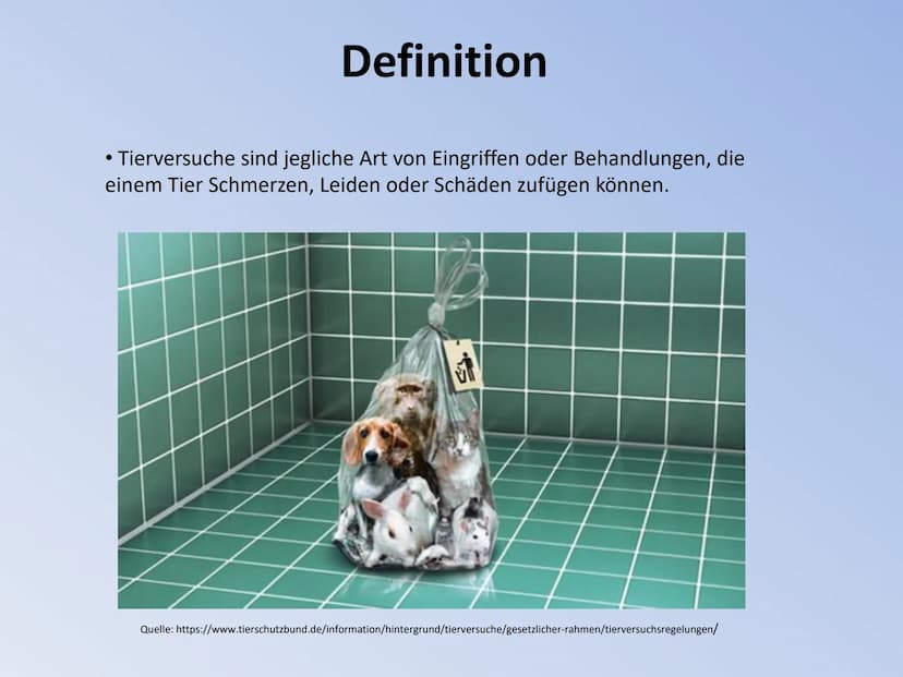 Vortrag von Ayleen Schild
Tierversuche
4X0
TIERVERSUCHE ●
Inhaltsverzeichnis
●
1. Die Definition und Fakten
2. Eingesetzte Tierarten
• 3. Ei
