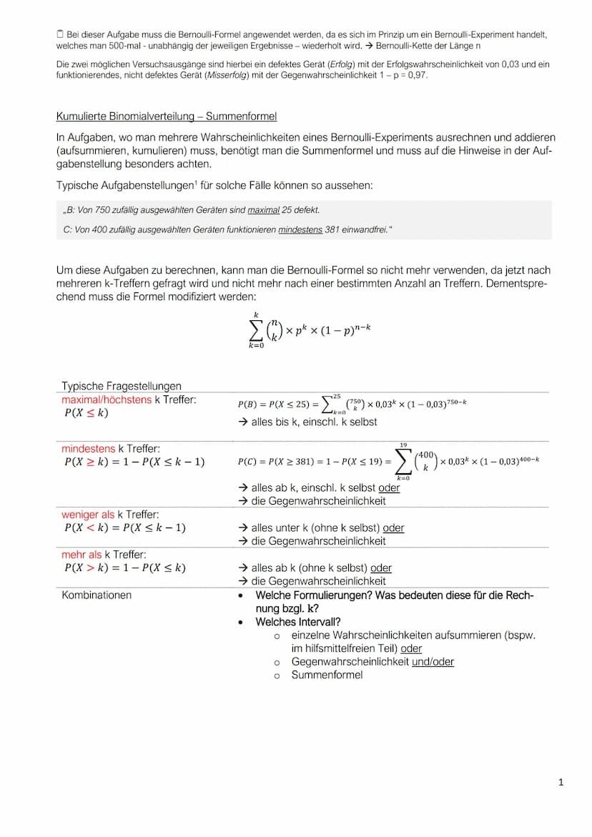 Bernoulli-Formel und Binomialverteilung
Bernoulli-Experimente
Man erkennt ein Bernoulli-Experiment daran, dass lediglich zwei mögliche Ergeb