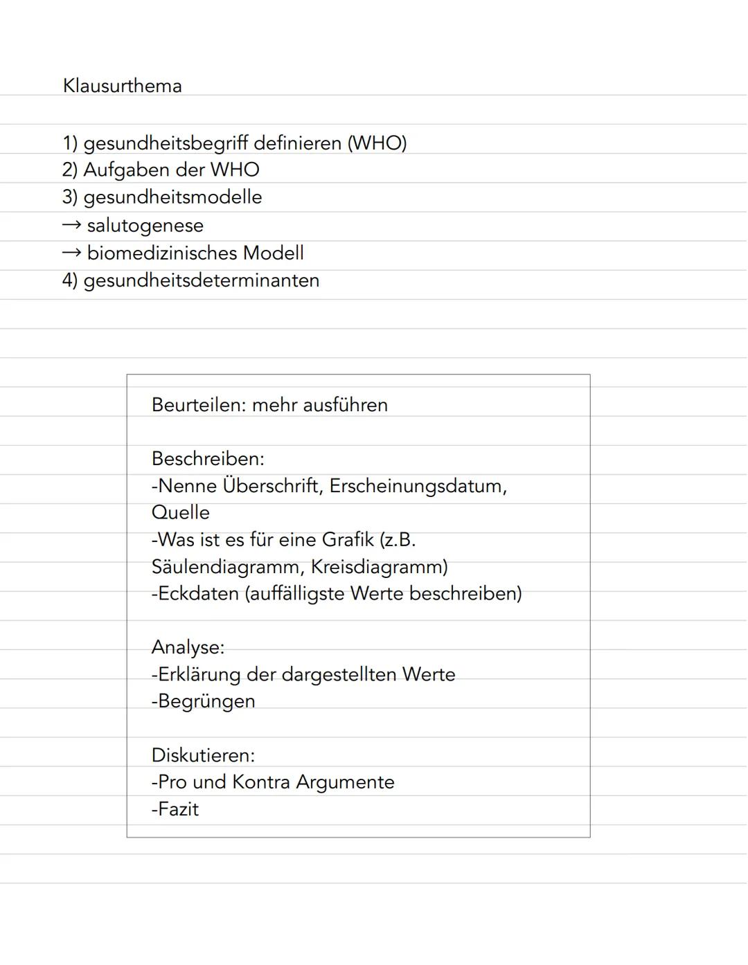 Klausurthema

1) gesundheitsbegriff definieren (WHO)
2) Aufgaben der WHO
3) gesundheitsmodelle
→ salutogenese
→ biomedizinisches Modell
4) g