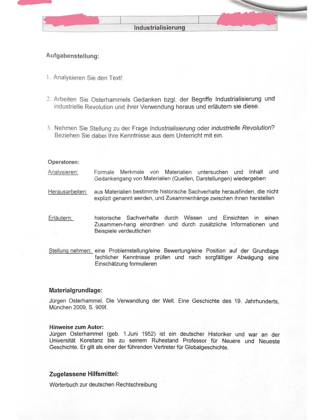 Jürgen Osterhammel, 20099 Industrialisierung
Teilleistungen - Kriterien: a) inhaltliche Leistung
TA
1
1
1
1
2
3
4
5
Anforderung
Der Prüfling
