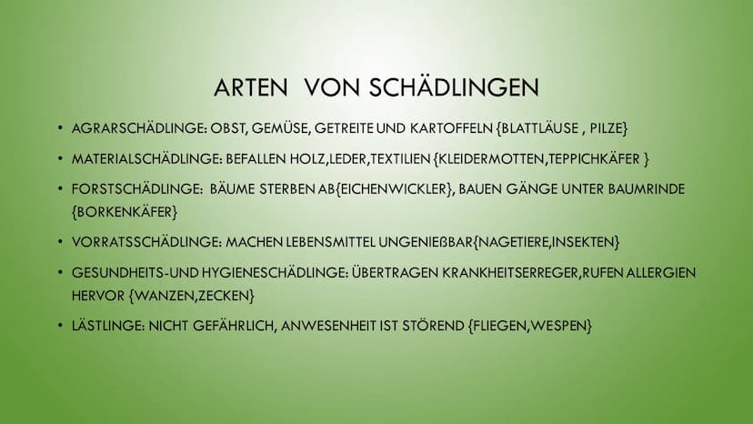 )
METHODEN UND PROBLEME DER
SCHÄDLINGSBEKÄMPFUNG ●
●
INHALTSVERZEICHNIS
WAS SIND SCHÄDLINGE?
ARTEN VON SCHÄDLINGEN
WAS BEDEUTET SCHÄDLINGSBE