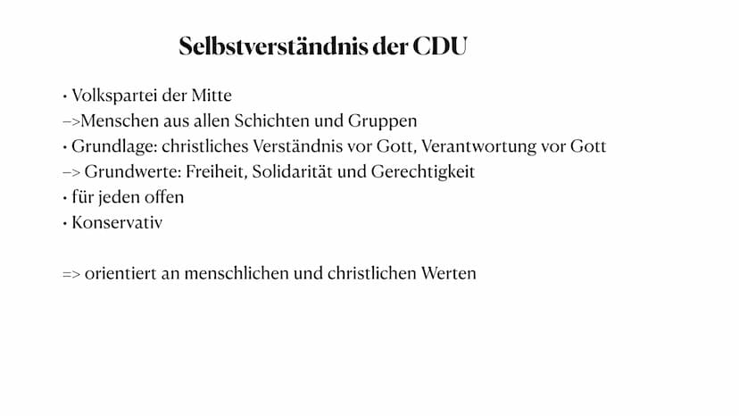 Die CDU
Christlich Demokratische Union Deutschlands
CDU
Von Judith, Samira und Johanna • Generelles über die CDU - Johanna
Selbstverständnis