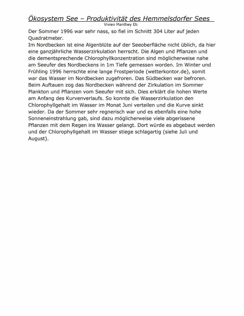 Ökosystem See – Produktivität des Hemmelsdorfer Sees
Vivien Manthey Eb
Die Faktoren, die das Wachstum von Phytoplankton beeinflussen
Das Wac
