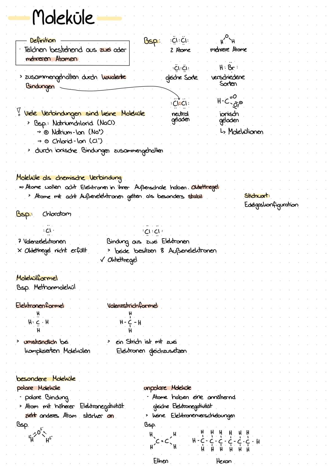 Moleküle
Definition
Teilchen bestehend aus zwei oder
mehreren Atomen
> zusammengehalten durch kovalente
Bindungen
Viele Verbindungen sind ke