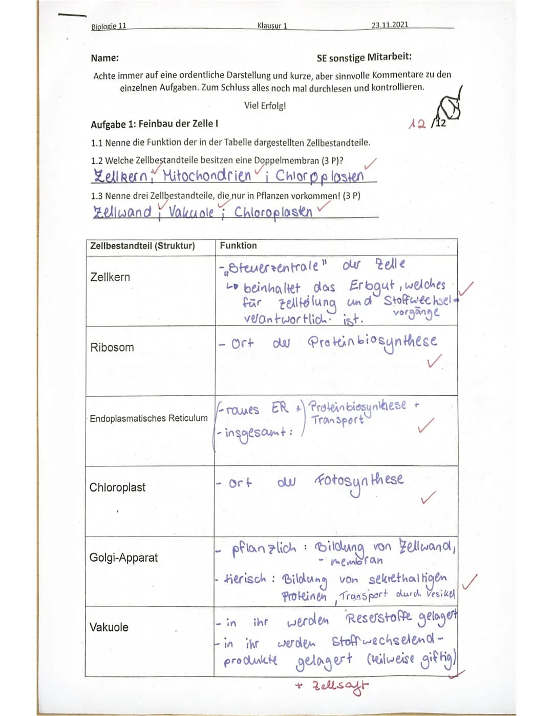 Biologie 11
Name:
SE sonstige Mitarbeit:
Achte immer auf eine ordentliche Darstellung und kurze, aber sinnvolle Kommentare zu den
einzelnen 