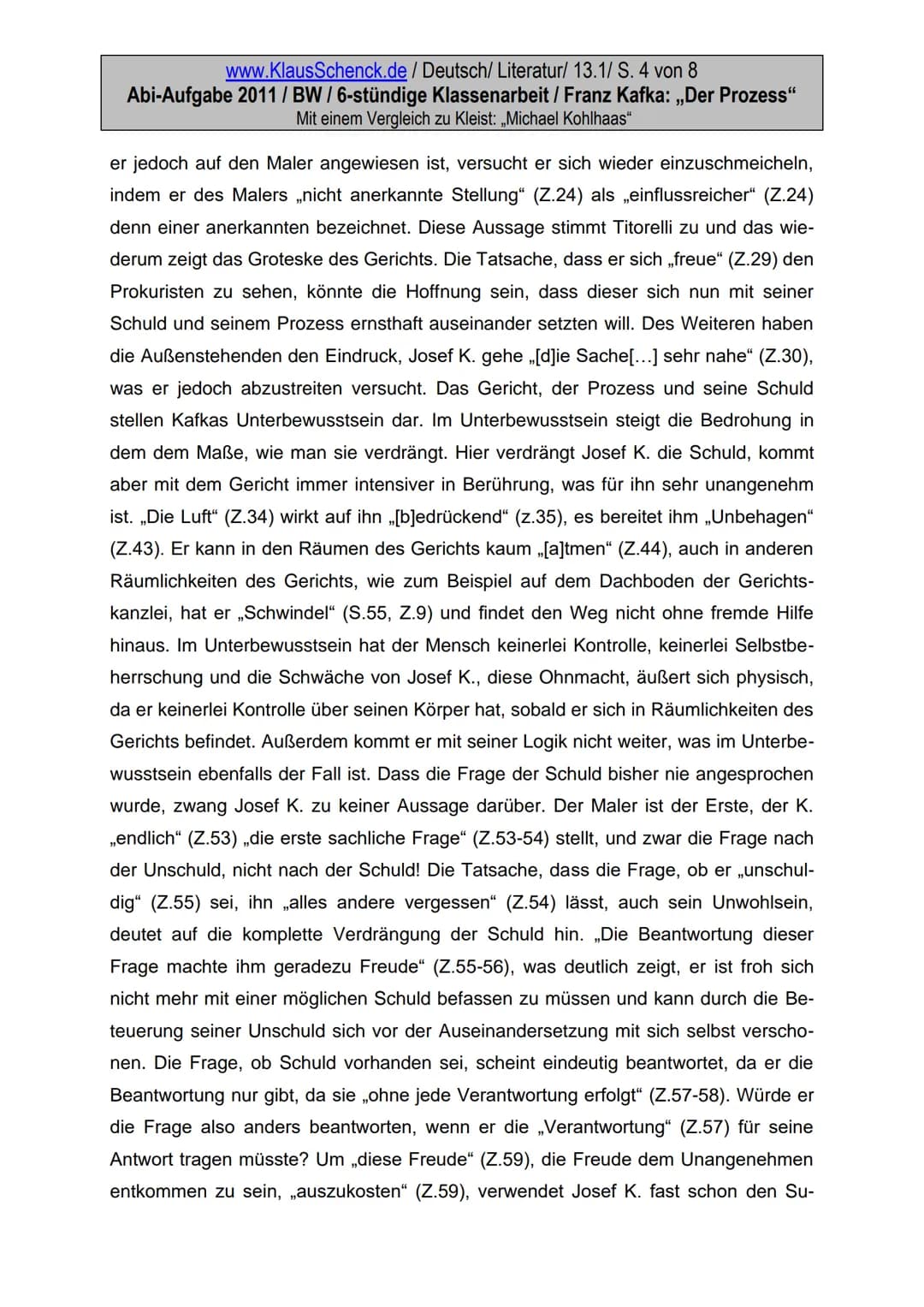 www.KlausSchenck.de / Deutsch/ Literatur/ 13.1/ S. 1 von 9
Abi-Aufgabe 2011 / BW / 6-stündige Klassenarbeit/ Franz Kafka: „Der Prozess"
Mit 